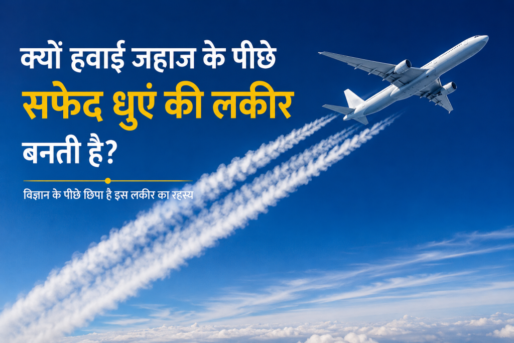 आसमान में उड़ता हवाई जहाज और उसके पीछे सफेद लकीर